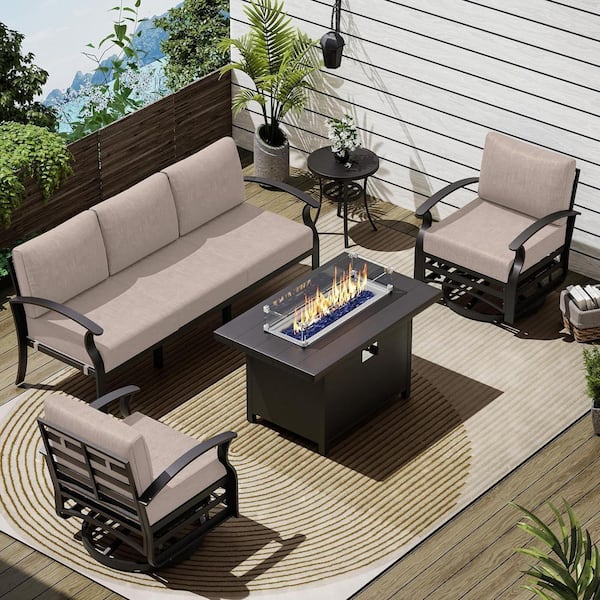 Halmuz 5-Seat Aluminum Patio Conversation Set with armrest, Firepit Table, Swivel Rocking Chairs and Sand Cushions