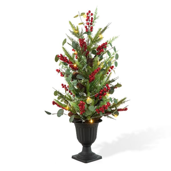 Glitzhome 3 ft. Pre-Lit Lighted Pine Needle and Eucalyptus Leaf Urn Artificial Christmas Tree Porch Tree