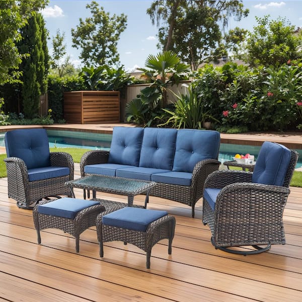 Brown 7-Piece Wicker Patio Conversation Set with Swivel Rockers, Outdoor Sofa Seating Set with Blue Cushions
