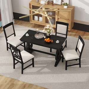Black 5-Piece Retro Rectangle Wood Top Dining Set with 4-Upholstered Chairs and Gorgeous Hollowed-out Carving Patterns