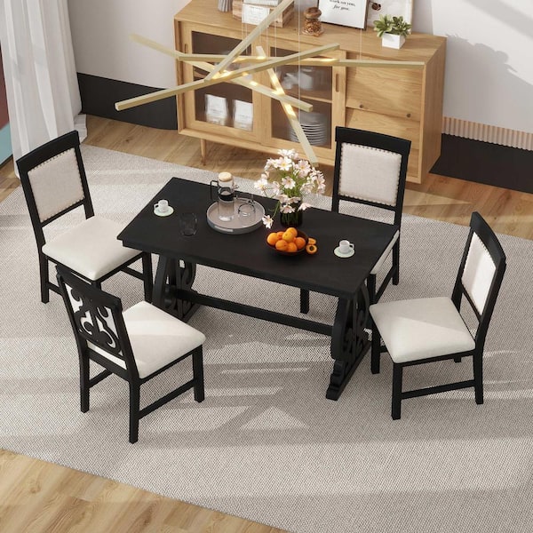 Harper & Bright Designs Black 5-Piece Retro Rectangle Wood Top Dining Set with 4-Upholstered Chairs and Gorgeous Hollowed-out Carving Patterns