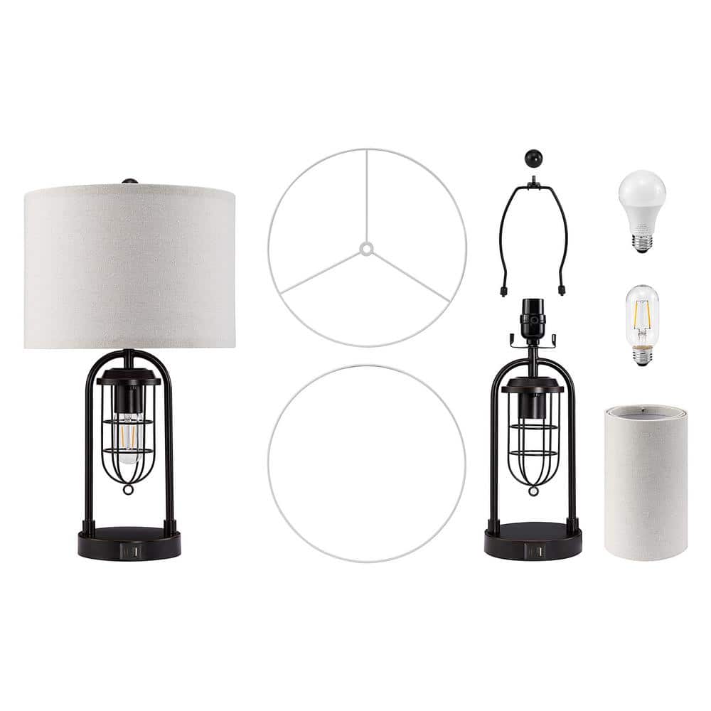 21.5'' Black Metal Table Lamp Set with USB Ports and Lantern Night Light