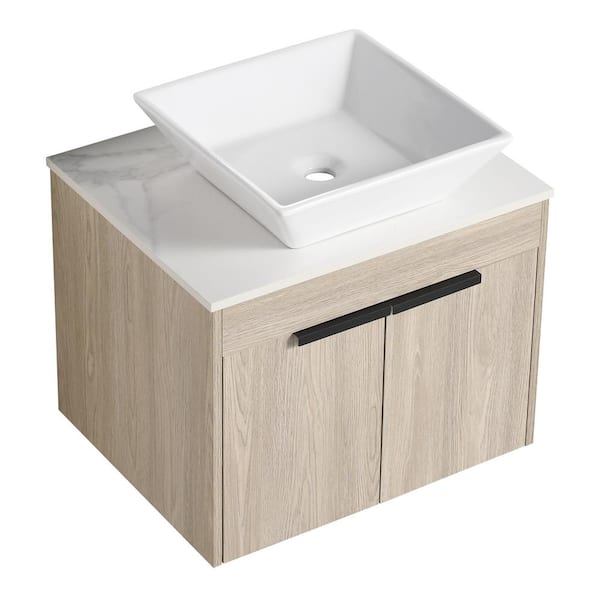 INSTER PETIT 23.6 in. W x 18.9 in. D x 23.3 in. H Single Sink Floating Bath Vanity in Oak with White Stone Top and Ceramic Sink