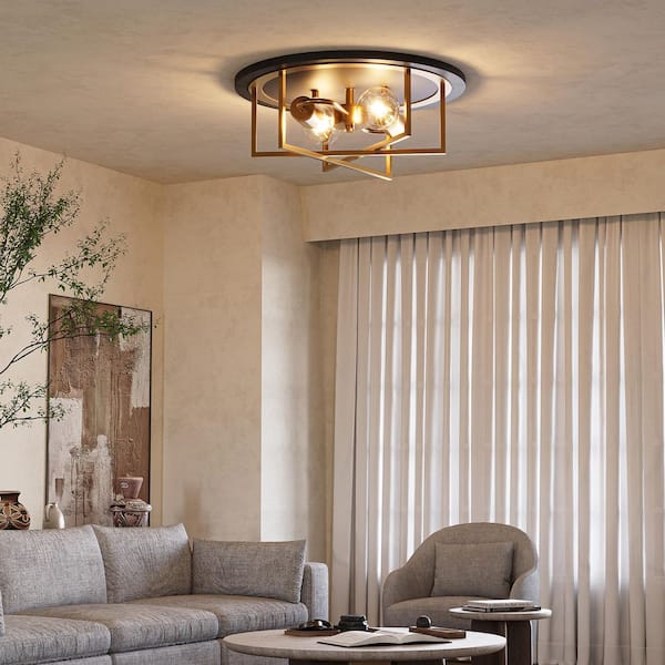 13 in. Modern 2-Light Black and Gold Flush Mount Ceiling Light for Entryway, Bedroom, Kitchen, No Bulbs Included
