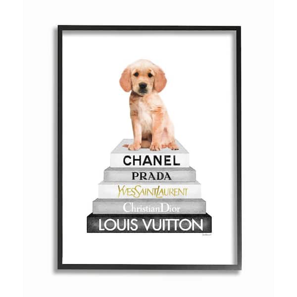 Stupell Industries "Resting Puppy on Glam Fashion Icon Bookstack" by Amanda Greenwood Framed Animal Wall Art Print 24 in. x 30 in.