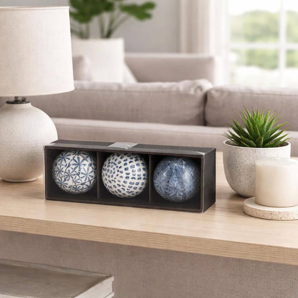 Liv & Skye Blue/White 4 in. Ceramic Painted Orbs (Set of 3) 17903