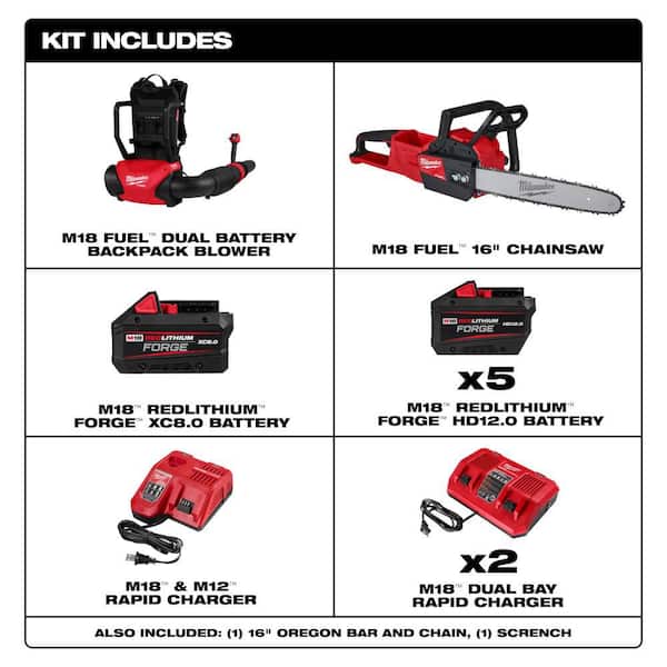 M18 FUEL 18V Brushless Cordless Dual Battery Backpack Blower Kit w/ M18 Chainsaw, (6) M18 FORGE Batteries, (3) Chargers