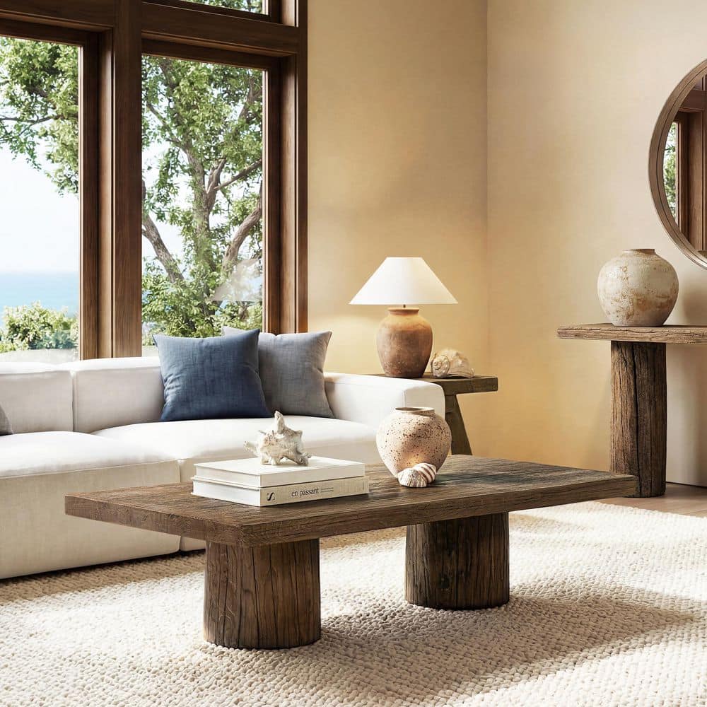 Arbor 60 in. Heritage Medium-Dark Brown Rectangle Solid Reclaimed Elm Wood Plinth Coffee Table