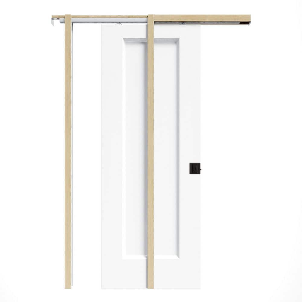 28 in. x 80 in. White Primed Wood 1-Paneled Hollow Core Pocket Door with Hardware Kit (Soft Close and Black Lock Incl) price history on PriceWatchPro
