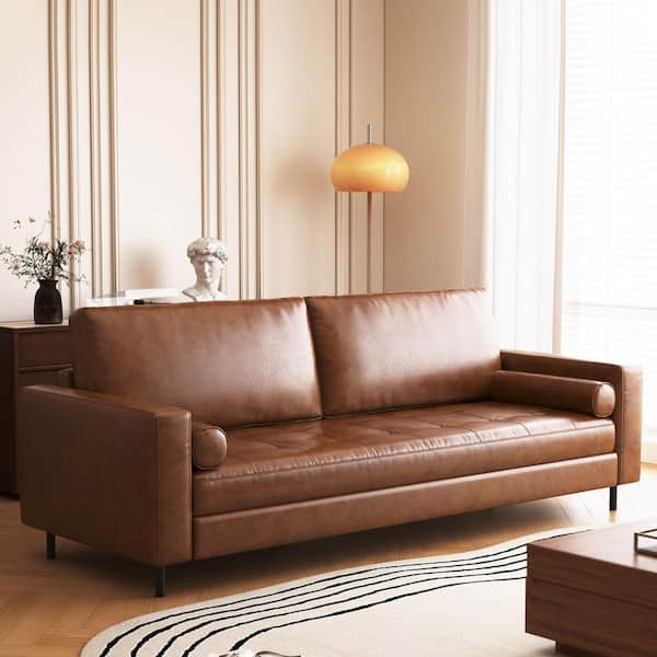 Snveil 80.31 in. Square Arm Faux Leather Rectangle Sofa 31.49 in. Depth Brown