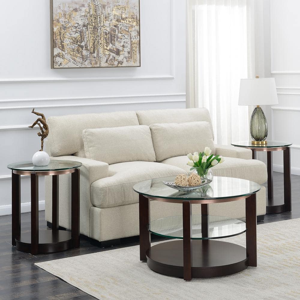Espresso Finish Glass Top Coffee & End Table Set with Casters