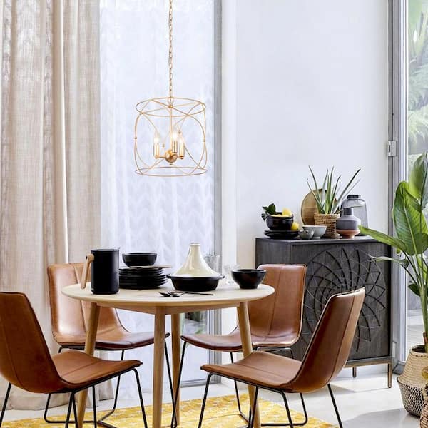 Transitional Dining Room Drum Chandelier 3-Light Brass Gold Mid-Century Cylinder Hanging Pendant Light for Living Room