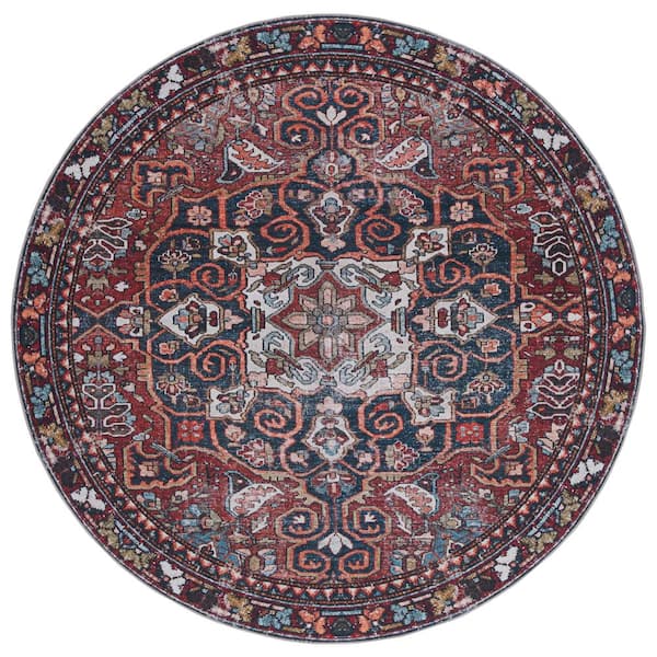 SAFAVIEH Tucson Red/Navy 6 ft. x 6 ft. Machine Washable Distressed Medallion Floral Border Round Area Rug