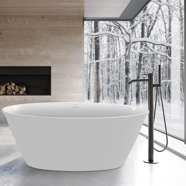 Mokleba 59 in. Acrylic Flatbottom Freestanding Non-Whirlpool Double Slipper Soaking Bathtub in White Included Center Drain