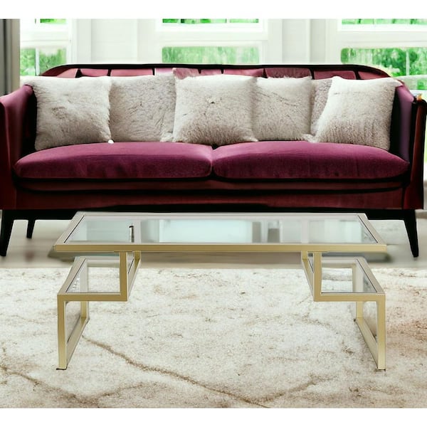 HomeRoots 45 in. Gold Rectangle Glass Coffee Table with Shelves Storage