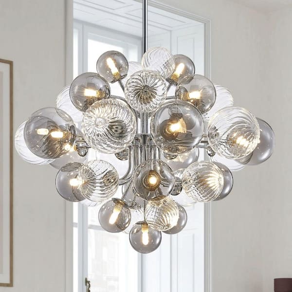Tauvy 18-Light Polished Chrome Bubble Sputnik Cluster Large Chandelier with Smoky Glass and Twisted Glass Shadeds