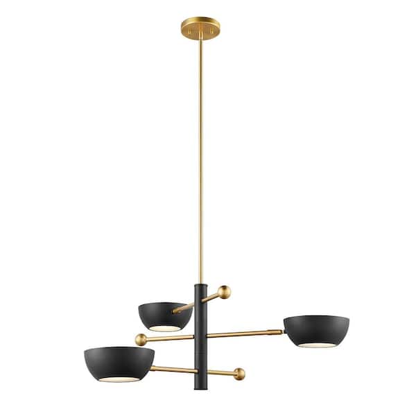 Savoy House Meridian 33.75 in. W x 12 in. H 3-Light Matte Black and Natural Brass Contemporary Chandelier with Metal Shades