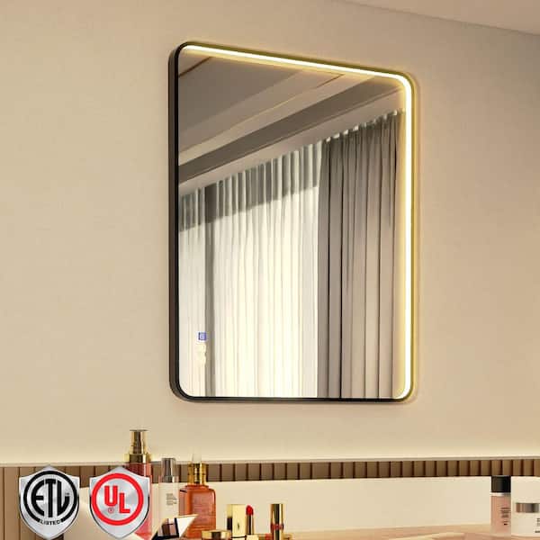 ORGANNICE 36 in. W x 28 in. H Rectangular LED Front Framed Light Black Aluminum Rounded Wall Makeup Mirror