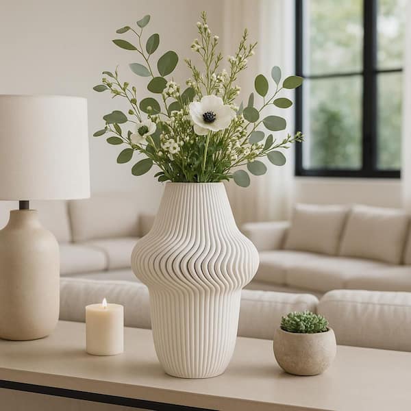 14 in. Ivory Stoneware 3D Printed Cylinder Decorative Vase