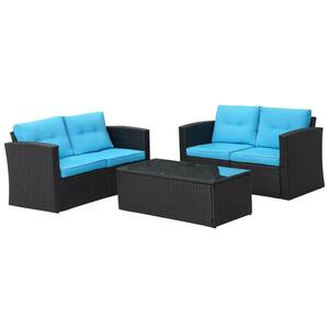 Wonderful Black 5-Piece Wicker and Aluminum Frame inner Patio Conversation Set with Blue Cushions
