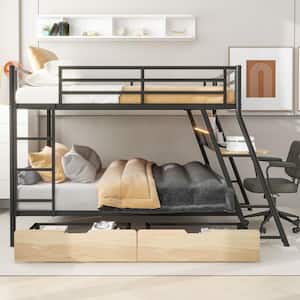 Black Full Size Metal Bunk Bed with Built-in Desk, Light and 2-Drawers