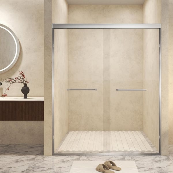 44-48 in. W x 72 in. H Double Sliding Frame Shower Door in Brushed Nickel with 1/4 in. Clear Tempered Glass