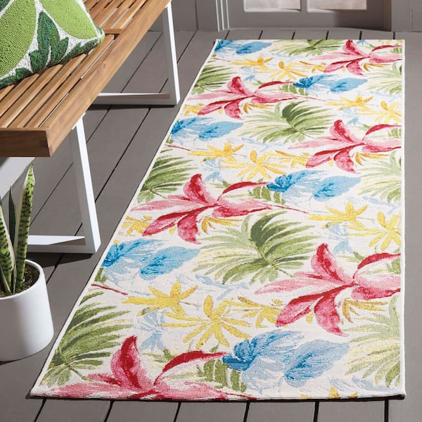 Barbados Ivory/Green Rust 3 ft. x 8 ft. Floral Palm Leaf Indoor/Outdoor Runner Rug