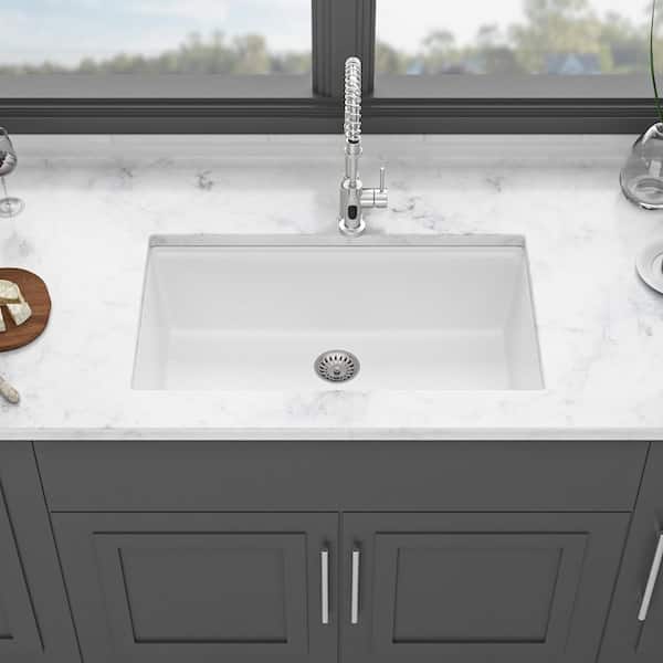 LOMC 32 in. L x 19 in. W Undermount Single Bowl Quartz Kitchen Sink with Cutting Board, Grid and Strainer