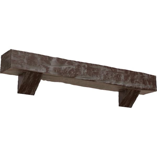 Ekena Millwork 4 in. x 6 in. x 7 ft. Riverwood Faux Wood Fireplace Mantel Kit, Breckinridge Corbels, Aged Pecan