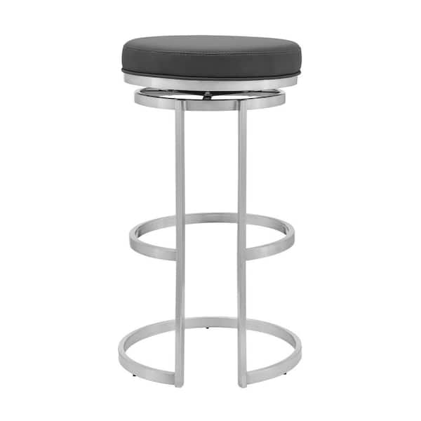 Benjara 30 in. Gray and Silver Low Back Metal Frame Barstool with Faux Leather Seat