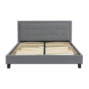 Gray Queen Button Tufted Woven Mid Century Bed Frame with Headboard / Wood Slat Support / Upholstered Bed Frame
