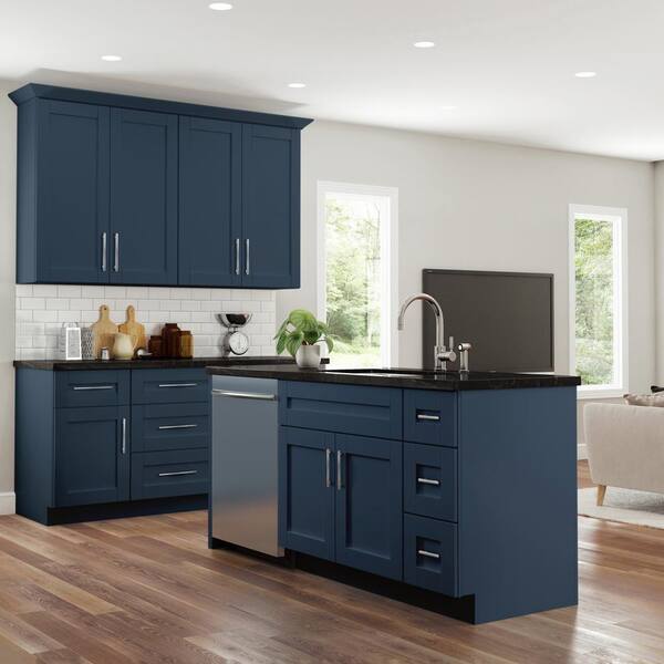 Contractor Express Cabinets Arlington Vessel Blue Plywood Shaker Stock Assembled Base Kitchen Cabinet Soft Close 27 in W x 24 in D x 34.5 in H