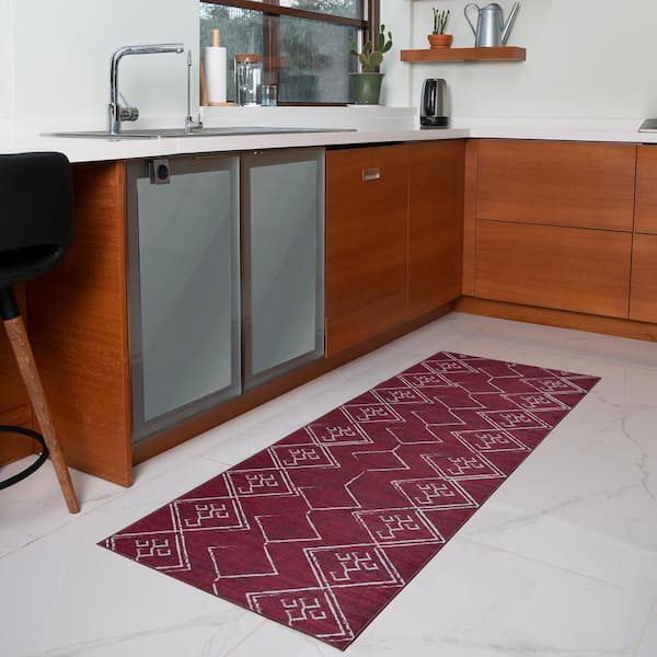 Aspen Burgundy Creme 2 ft. 2 in. x 6 ft. Machine Washable Tribal Moroccan Bohemian Polyester Non-Slip Backing Area Rug