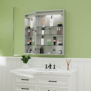24 in. W x 36 in. H Rectangular Silver Aluminum Recessed/Surface Mount Right Medicine Cabinet with Mirror, LED and Clock