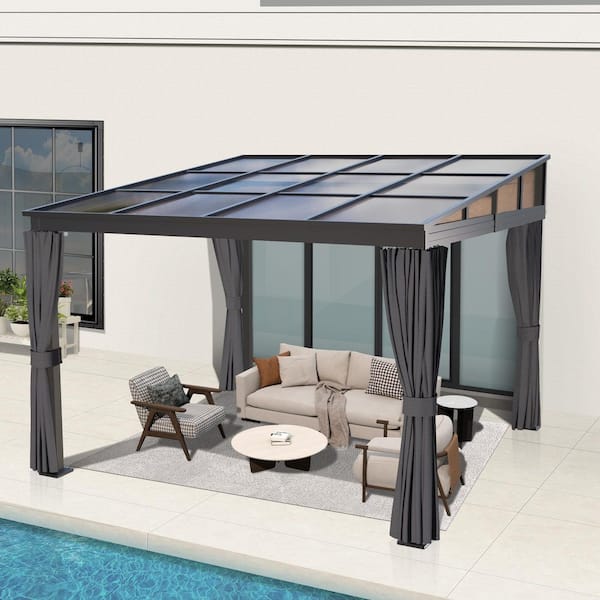 10 ft. W x 10 ft. D Outdoor Polycarbonate Hardtop Gazebo-Wall-Mounted Aluminum Frame Gazebo with Slope Roof