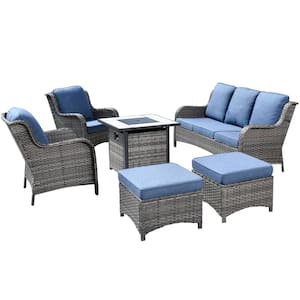 Eclogue Gray 6-Piece Wicker Outdoor Patio Fire Pit Seating Sofa Set and with Denim Blue Cushions