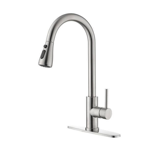 Mondawe Single Handle Spray Pull Down Sprayer Kitchen Faucets With Deck Plate In Brushed