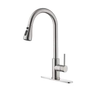 Single Handle High Arc Pull Down Sprayer Kitchen Faucet with Deck Plate in Brushed Nickel
