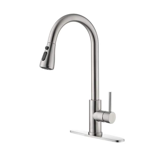 Unbranded Single Handle High Arc Pull Down Sprayer Kitchen Faucet with Deck Plate in Brushed Nickel