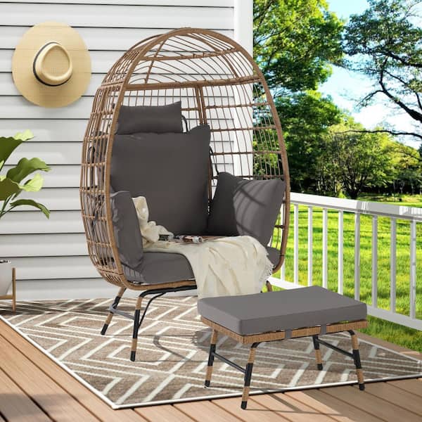 AFAIF Patio Wicker Outdoor Lounge Chair with Ottoman and Thick Cushions for Porch, 1-Chair Dary Grey Wicker Egg Chair