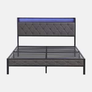 Dark Gray Metal Frame Queen Platform Bed with Storage Headboard, Charging Station, and LED Lights
