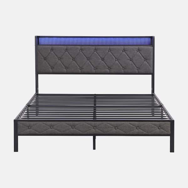 wetiny Dark Gray Metal Frame Queen Platform Bed with Storage Headboard, Charging Station, and LED Lights