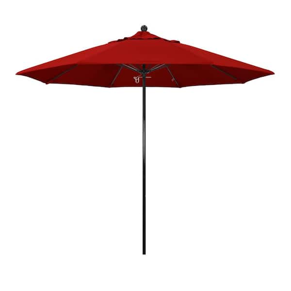 California Umbrella 9 ft. Black Fiberglass Commercial Market Patio Umbrella with Fiberglass Ribs and Push Lift in Jockey Red Sunbrella
