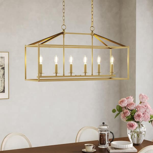 36.6 in. 6-Light Farmhouse Linear Chandelier with Gold Caged Metal Shade for Kitchen Island, Dining Room