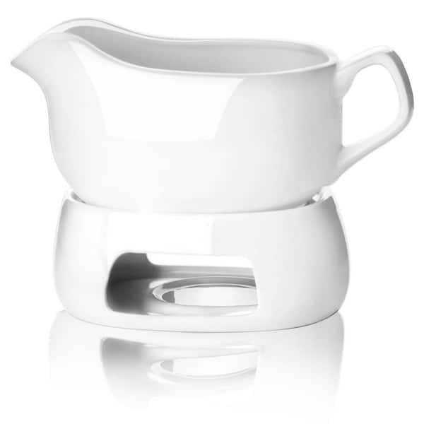 18 oz. Modern White Porcelain Gravy Boat with Warmer, Large Capacity Dripless Sauce Server for Warming Sauces