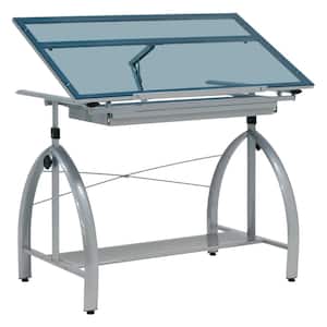 Avanta 42 in. Wide Silver and Blue Glass Height Adjustable Drawing Drafting Table with Tilting Top