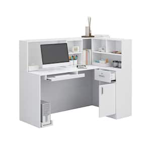 55.9 in. L Shaped White Wood Executive Desk Reception Desk Computer Writing Desk W/Removable Shelves, Drawer, Cabinet