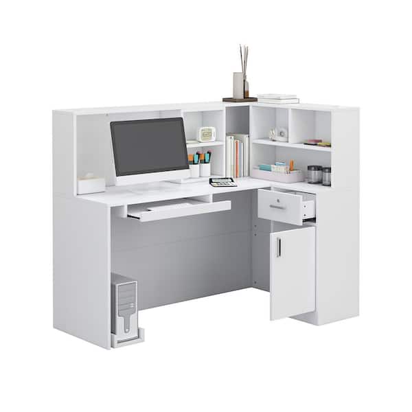 FUFU&GAGA 55.9 in. L Shaped White Wood Executive Desk Reception Desk Computer Writing Desk W/Removable Shelves, Drawer, Cabinet