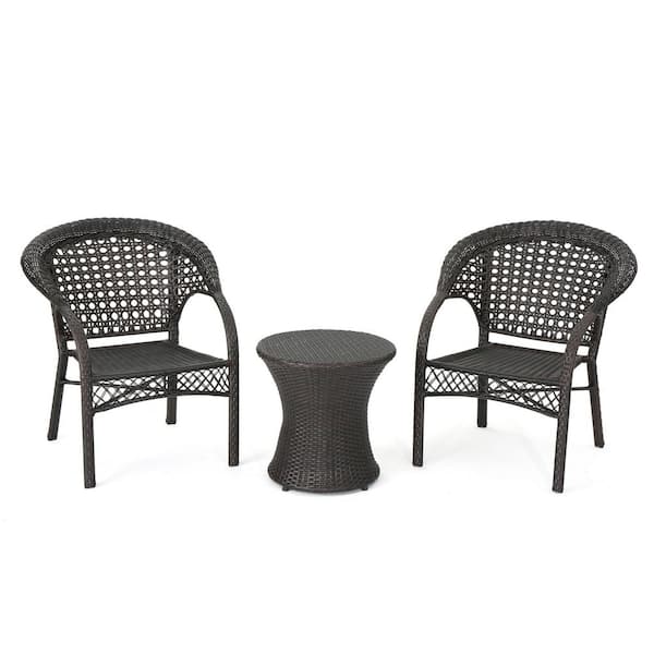 Noble House Tinsley Multi-Brown 3-Piece Faux Rattan Patio Conversation Set with Stacking Chairs