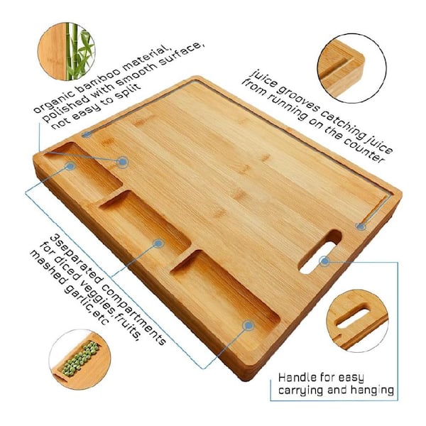 Heavy Duty Large Organic Bamboo Cutting Board, 3 Built-In Compartments, BPA  Free